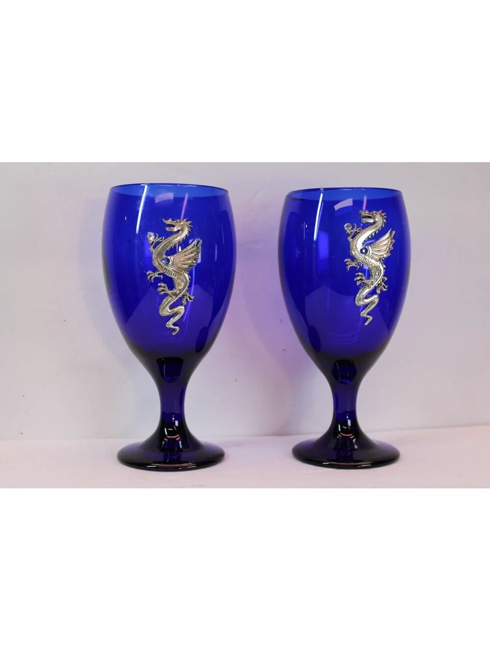Vtg Cobalt Blue Glass Goblets w/Applied Pewter Dragon Jewels 12 oz. Set/2 NC